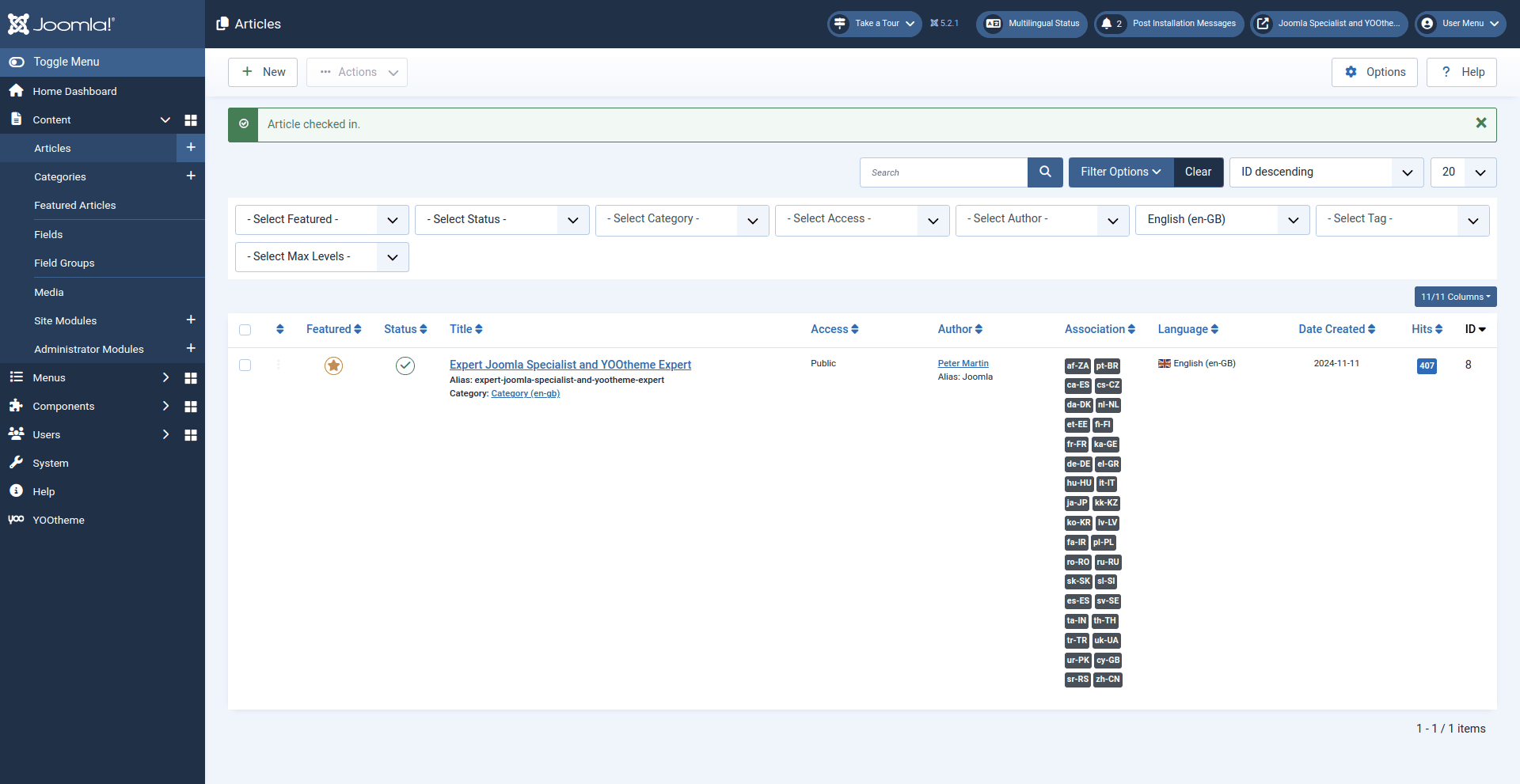 Joomla back-end: Artikelen in meertalige website met 35 talen